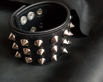 Spiked Leather Cuff Bracelet: Wristband with glossing studded metal spikes Rocker singer accessory