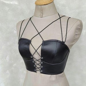 Custom Black Leather Corset Top: Lace-Up Bustier Bra Sexy Crop Festival  Cosplay summer outfit