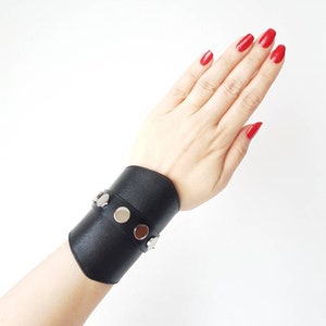 Black Leather Cuff Bracelet: Genuine leather Adjustable Wristband bracer for women singer