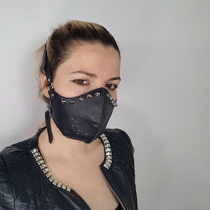 Studded Spikes Leather Face Mask: Gothic Biker Burning Man Style Women dust soft