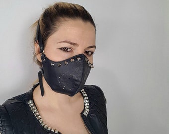 Studded Spikes Leather Face Mask: Gothic Biker Burning Man Style Women dust soft