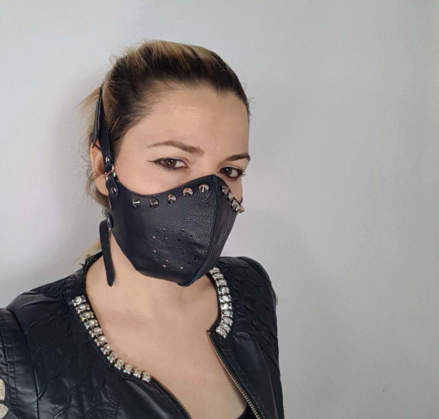 Studded Spikes Leather Face Mask: Gothic Biker Burning Man