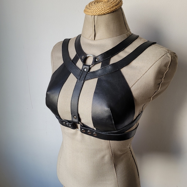 Custom Black leather Bra harness . Straps detailed, lambskin and soft