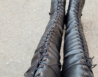 Custom Leather Over-the-Knee Pirate Gaiters: Lace Up Spats Cosplay Leg Armor Boot Covers chaps