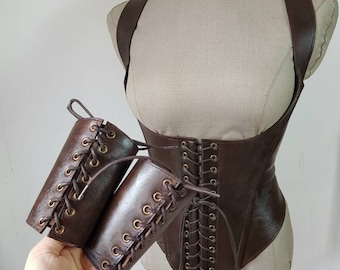 Women Leather Custom Cuffs and Lace Up Underbust Corset Bodice Medieval Pirate or Elven Costume Set Renfaire Viking renaissance fair