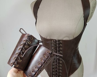 Womens leather cuffs , lace up underbust medieval corset. set or separate, pirate,elven girls style costume.Real leather cross bodice belt