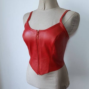 Women lambskin leather. Lace up overbust corset bustier rocker style outfit ,stage party costume.Leather lace up bodice chincher tank top