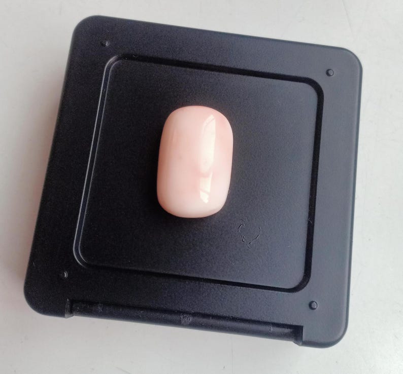 May include: A pale pink oval-shaped coral gemstone displayed on a black background.