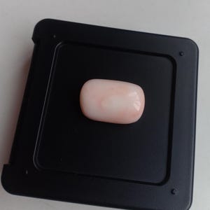 May include: A pale pink oval-shaped coral gemstone on a black display stand.