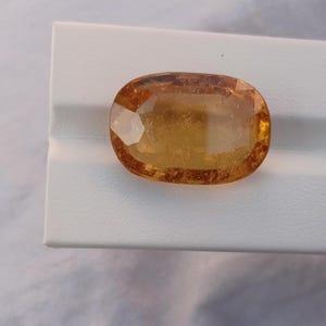 Peut inclure: Une grande pierre précieuse de couleur brun doré de forme ovale avec une taille facetée. La pierre précieuse est posée sur une surface blanche.