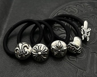 Elastiques croisés fleurs argentés, accessoires pour cheveux, corde pour cheveux poignard, corde pour cheveux punk, élastiques pour cheveux minimalistes, cadeaux bijoux en argent