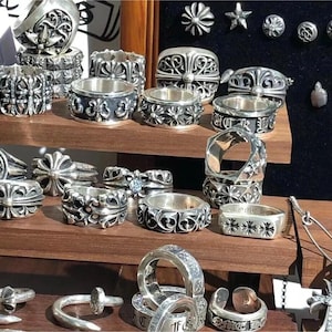 Chrome hearts Style Ring,Silver Flower Cross Ring,Forever Ring,Cemetery Ring,Dagger Ring,Fleur Ring,Punk Ring,Band Ring,Eternity Vine Ring,Spacer Ring,Heart Ring,Floral Ring,Rolling Stones Ring,Star Ring,Fuck You Ring,Cross Tail Ring,Label Ring,Gifts