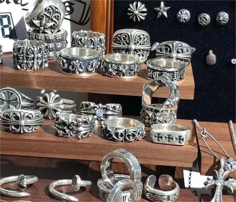 Chrome hearts Style Ring,Silver Flower Cross Ring,Forever Ring,Cemetery Ring,Dagger Ring,Fleur Ring,Punk Ring,Band Ring,Eternity Vine Ring,Spacer Ring,Heart Ring,Floral Ring,Rolling Stones Ring,Star Ring,Fuck You Ring,Cross Tail Ring,Label Ring,Gifts