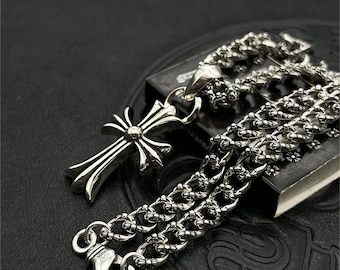 Collier croix fleur en argent, collier poignard, collier punk, chaîne de lettres, accessoires moto, collier à maillons multiples, cadeaux bijoux en argent