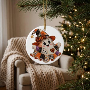Lapptäckespökprydnad, söt Halloween-keramisk dekoration, nyckfull häxhatt höstdekor, höstskördemagi, present i lantlig stil.