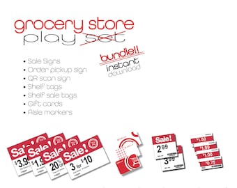 Grocery Store Pretend Play Printables - Bundle! Sale signs, shelf tags, giftcards, aisle markers, and more!