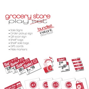 Grocery Store Pretend Play Printables - Bundle! Sale signs, shelf tags, giftcards, aisle markers, and more!