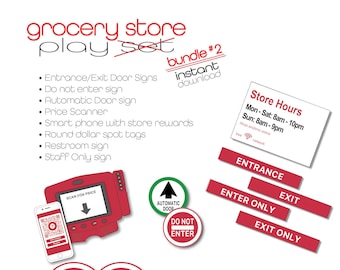 Grocery Store Pretend Play Printables - Bundle #2 Sale signs, door entrance and exit signs, price scanner, smart phone and more!