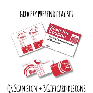 May include: A printable grocery pretend play set with three different gift card designs and a sign that says "Scan the Coupon Free Gift Card with Purchase of £20 or more".