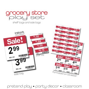 Grocery Store Pretend Play Printables - Red shelf tags and shelf sale signs