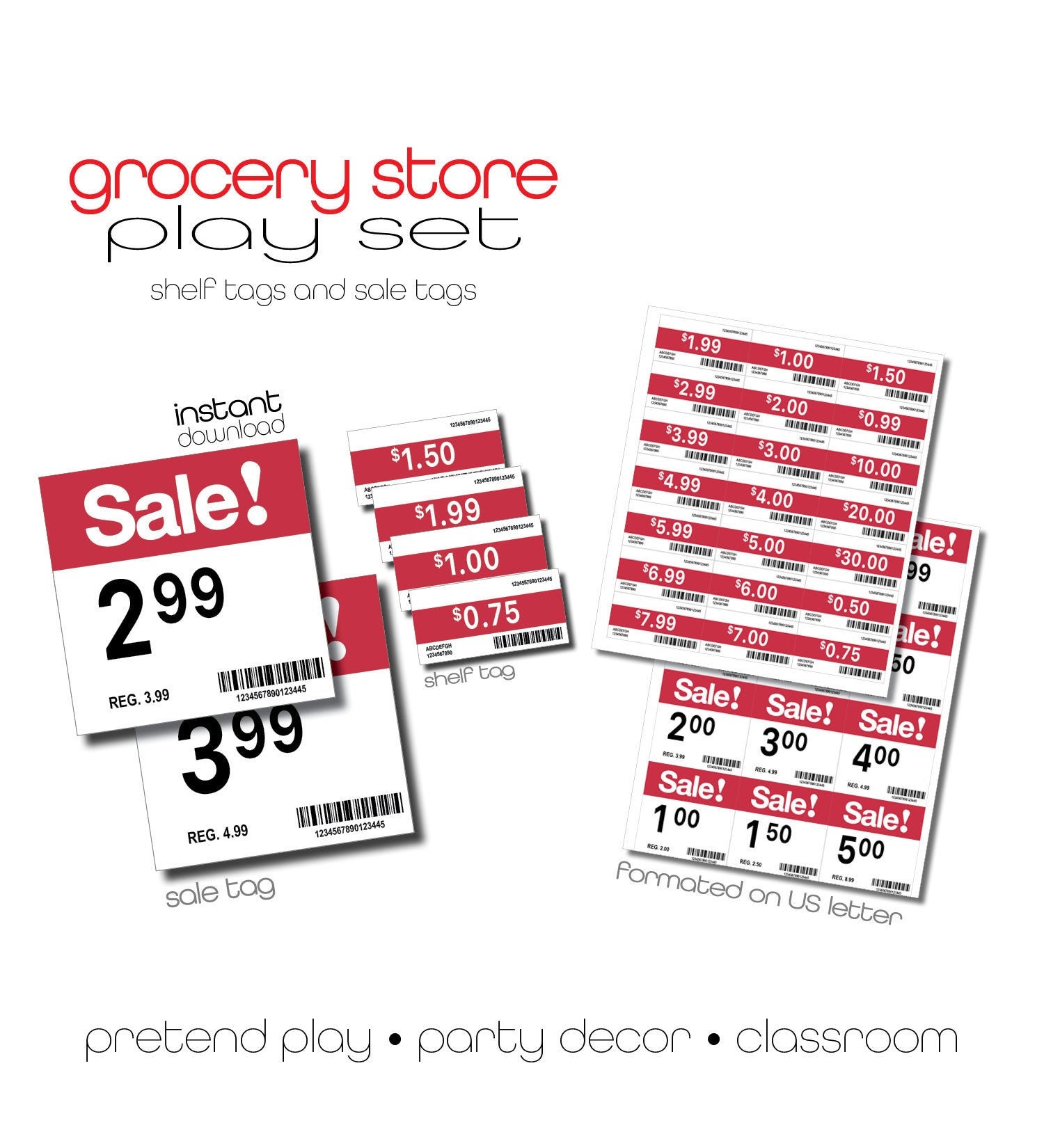 Grocery Store Pretend Play Printables - Red shelf tags and shelf sale signs