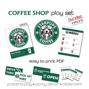 Peut inclure: Ensemble de jeu de café imprimable avec un logo vert et blanc représentant un chien, un tableau de menu, des formulaires de commande et des panneaux indiquant "Drive Thru", "Pick Up Here", "Closed" et "Open".