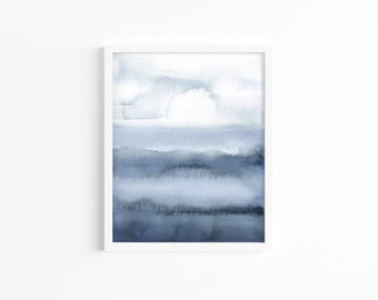 Contemporary Abstract Watercolor, Ocean Art Landscape, Giclee Printed Print, Blue Modern Painting