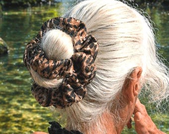 Leopard Fabric Two Comb Fabric Elasticated Hair Clip, Ponytail and Bun Maker, Strong Combs & Elastic. Handmade in UK