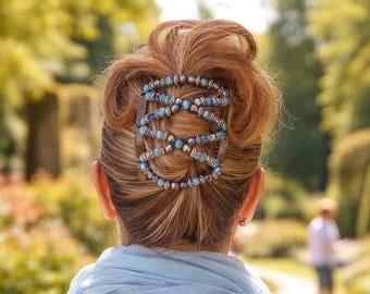 Light Blue Iridescent Two Comb Elasticated Beaded hair clip, Ponytail & Bun Maker, strong Combs and elastic. Handmade in UK
