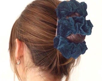 Bottle Green Velvet Fabric Two Comb Elasticated Hair Clip, French Twist Ponytail and Bun Holder , Strong Elastic, Handmade UK