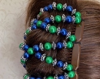 Hairgem ‘Ornate Blue and Green’ beaded Hair Accessory for thin or thick Hair, Double Comb with Elastic, Hair Clip