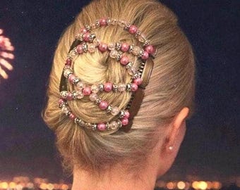 Pink Crystal Two Comb Elasticated Beaded hair clip, Ponytail & Bun Maker, strong Combs and elastic. Handmade in UK