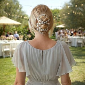 May include: A woman wearing a light gray dress with short, flowing sleeves and a pearl hair accessory. The hair accessory is a cluster of large, round pearls. The background shows an outdoor event with tables and umbrellas.