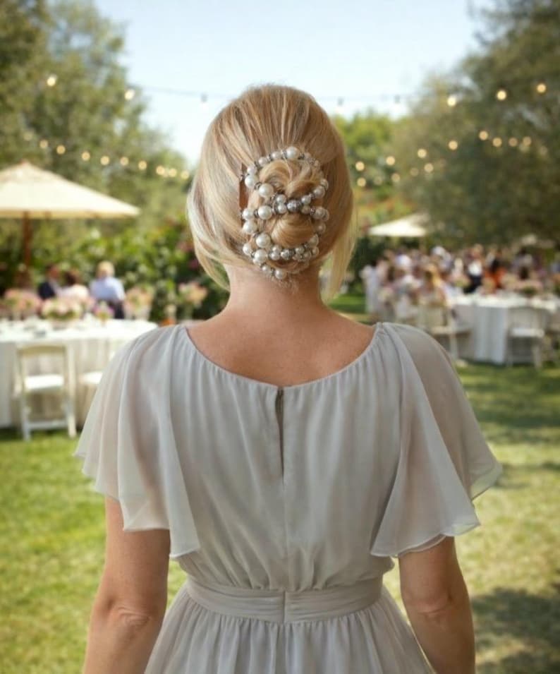 May include: A woman wearing a light gray dress with short, flowing sleeves and a pearl hair accessory. The hair accessory is a cluster of large, round pearls. The background shows an outdoor event with tables and umbrellas.
