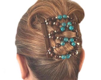 Turquoise Butterfly Two Comb Elasticated Beaded Hair Clip, Ponytail Bun Maker, Handmade in UK