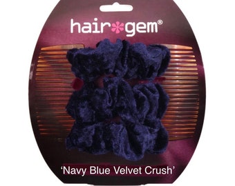 Hairgem ‘Navy Blue Velvet Crush’ Fabric Double Hair Accessory, Ponytail Holder, French Twist Holder, Bun Maker, Strong Combs and elastic