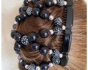 HairGem ‘Black with Silver Berries’ beaded Hair Accessory, Double Hair Combs, French Twist Holder, Bun Maker, Ponytail, Strong Combs