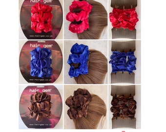Three ‘Tie Dye’ Material Hair Accessories including Red, Blue and Brown ! Double Hair Combs, French Twist Holder, Bun Maker,