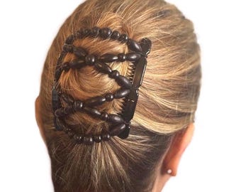 Ebony Black Two Comb Elasticated Beaded hair clip, Ponytail & Bun Maker, strong Combs and elastic. Handmade in UK