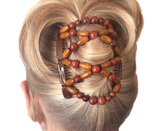 Shades of Brown Two Comb Elasticated Wood Beaded hair clip, Ponytail & Bun Maker, strong Combs and elastic. Handmade in UK