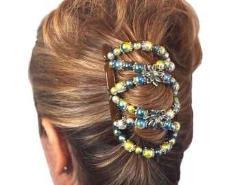 Turquoise Greeny Yellow Sparkling Fantasy beaded Two Comb Elasticated Hair Clip, Ponytail and Bun Holder, Strong Combs & elastic Handmade UK