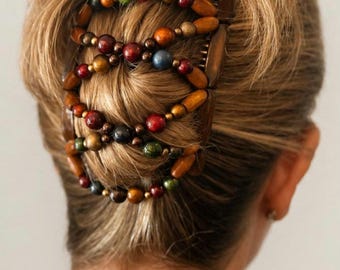 Spring Orchard *BESTSELLER* Two Comb Elasticated Beaded hair clip, Ponytail & Bun Maker, strong Combs and elastic. Handmade in UK