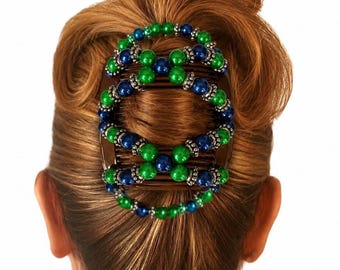 Ornate Blue & Green Two Comb Elasticated Beaded hair clip, Ponytail, Bun Maker, strong Combs and elastic. Handmade in UK
