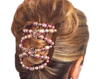 Pink Sparkling Fantasy Beaded Two Comb Elasticated Beaded hair clip, Ponytail & Bun Maker, strong Combs and elastic. Handmade in UK