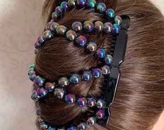 Hairgem ‘Total Iridescent’ beaded Hair Accessory , Hair Clip, Double Hair Comb, Bun Maker, Ponytail Holder. Strong combs and elastic
