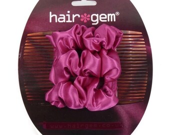 Hairgem ‘Cerise Satin’ material Double Hair Combs, French Twist Holder, Bun Maker, Ponytail, Strong Combs and elastic.