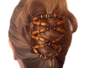 Dappled Orchard Two Comb Elasticated Beaded hair clip, Ponytail & Bun Maker, strong Combs and elastic. Handmade in UK