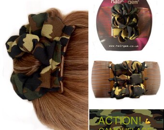 Hairgem * NEW * ‘Camouflage’ Fabric Double Hair Accessory, Ponytail Holder, French Twist Holder, Bun Maker, Strong Combs and elastic