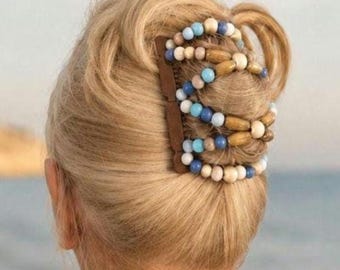 Pebble Beach Beaded Two Comb Elasticated Hair Clip, Pastel Wooden Beads, Ponytail Bun Maker, Handmade in UK