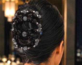 Black with Silver Berries Two Comb Elasticated Beaded hair clip, Ponytail & Bun Maker, strong Combs and elastic. Handmade in UK